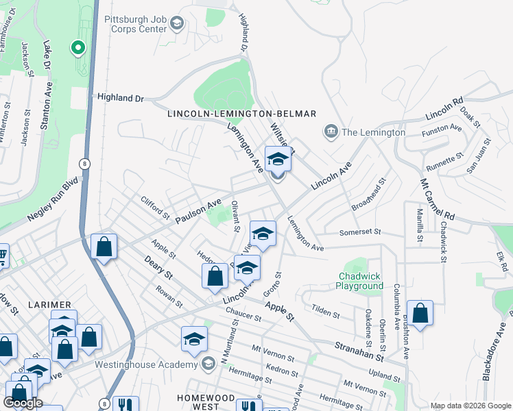 map of restaurants, bars, coffee shops, grocery stores, and more near in Pittsburgh