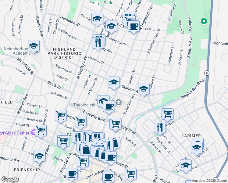 map of restaurants, bars, coffee shops, grocery stores, and more near 700 North Highland Avenue in Pittsburgh