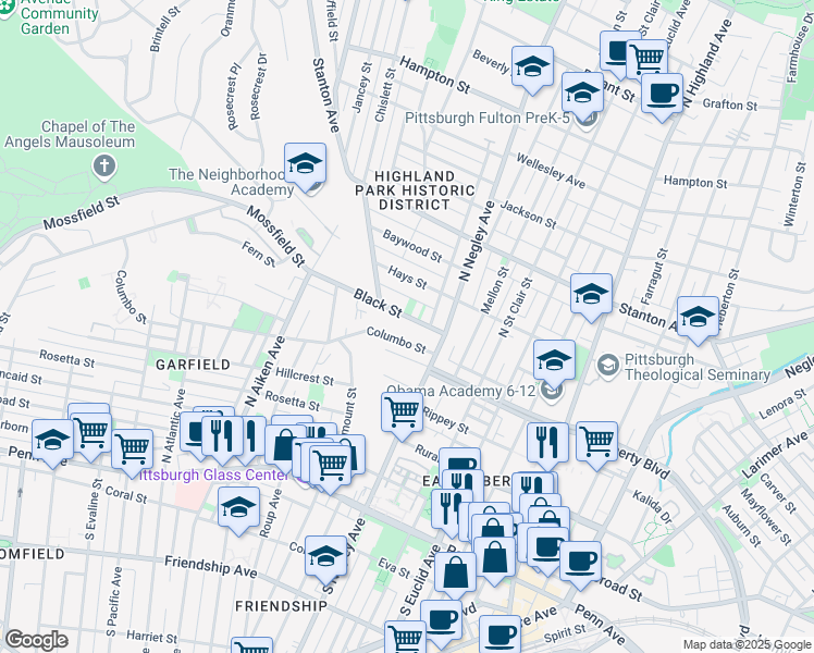 map of restaurants, bars, coffee shops, grocery stores, and more near 5547 Columbo Street in Pittsburgh