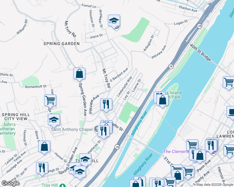 map of restaurants, bars, coffee shops, grocery stores, and more near 2005 Veronica Street in Pittsburgh