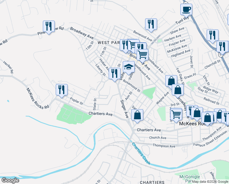 map of restaurants, bars, coffee shops, grocery stores, and more near 4 Bench Drive in McKees Rocks
