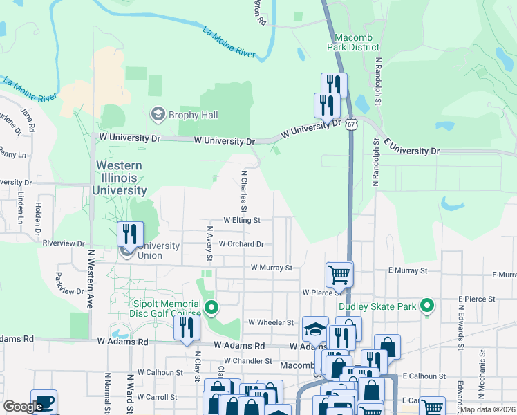 map of restaurants, bars, coffee shops, grocery stores, and more near 400 West Elting Street in Macomb