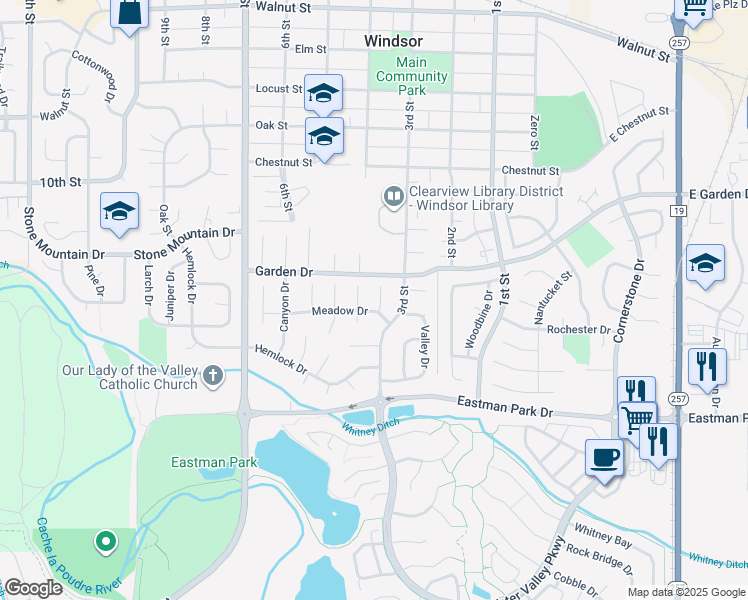 map of restaurants, bars, coffee shops, grocery stores, and more near 1101 Glacier Court in Windsor