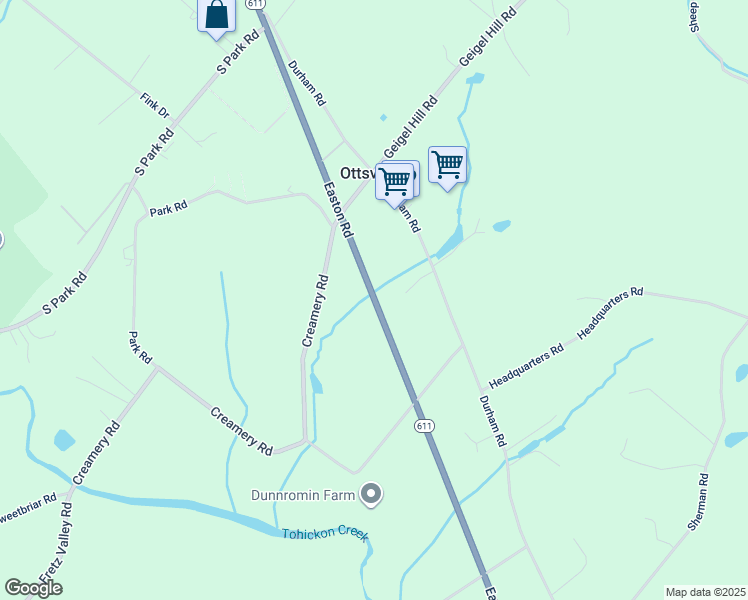 map of restaurants, bars, coffee shops, grocery stores, and more near 7650 Easton Road in Ottsville
