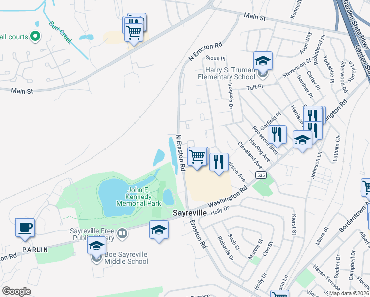 map of restaurants, bars, coffee shops, grocery stores, and more near 82 Farnham Square in Sayreville