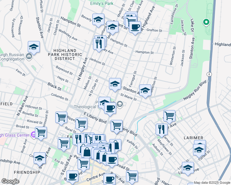 map of restaurants, bars, coffee shops, grocery stores, and more near 735 North Highland Avenue in Pittsburgh