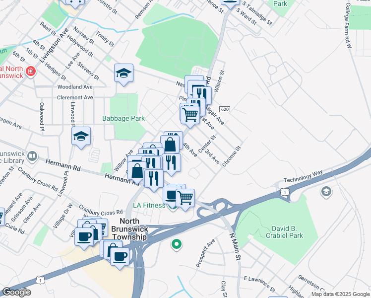 map of restaurants, bars, coffee shops, grocery stores, and more near 588 4th Avenue in North Brunswick Township