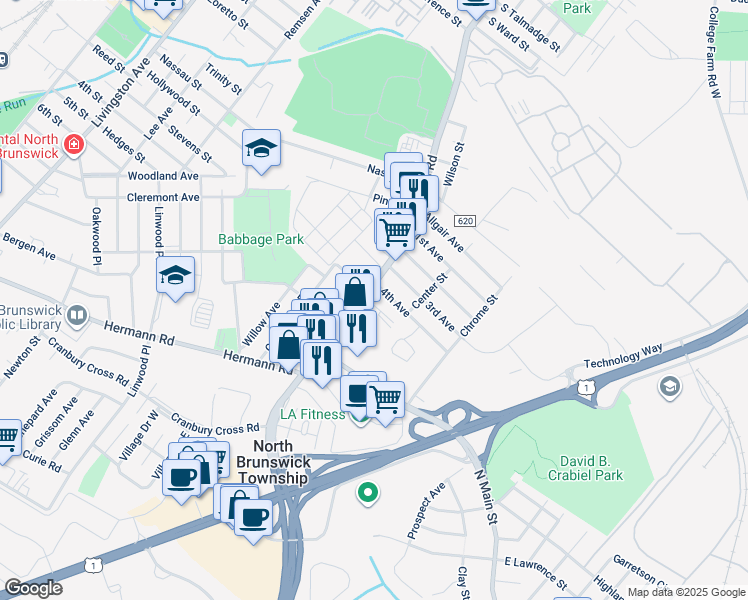 map of restaurants, bars, coffee shops, grocery stores, and more near 588 4th Avenue in North Brunswick Township