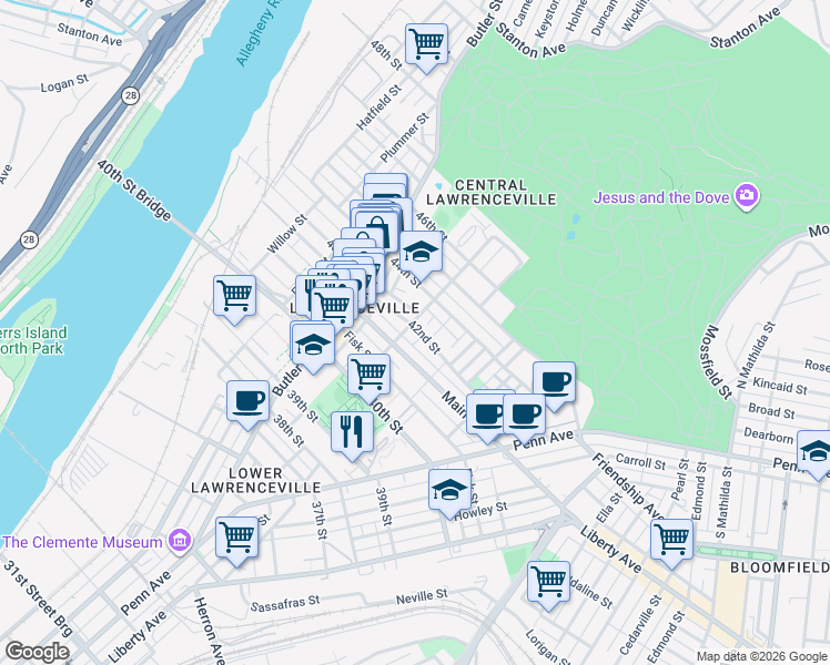 map of restaurants, bars, coffee shops, grocery stores, and more near 263 Main Street in Pittsburgh
