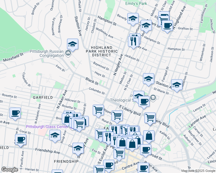 map of restaurants, bars, coffee shops, grocery stores, and more near 601 North Negley Avenue in Pittsburgh