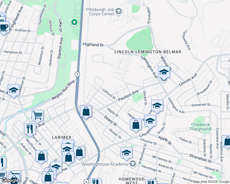 map of restaurants, bars, coffee shops, grocery stores, and more near 6511 Clifford Street in Pittsburgh