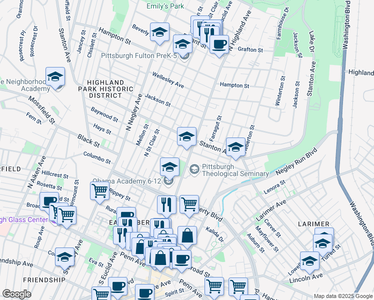 map of restaurants, bars, coffee shops, grocery stores, and more near 700 North Highland Avenue in Pittsburgh