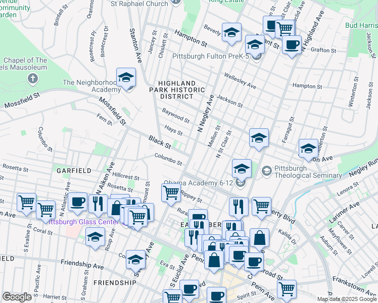 map of restaurants, bars, coffee shops, grocery stores, and more near 526 North Negley Avenue in Pittsburgh