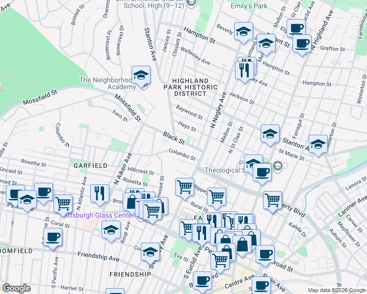 map of restaurants, bars, coffee shops, grocery stores, and more near 5547 Columbo Street in Pittsburgh
