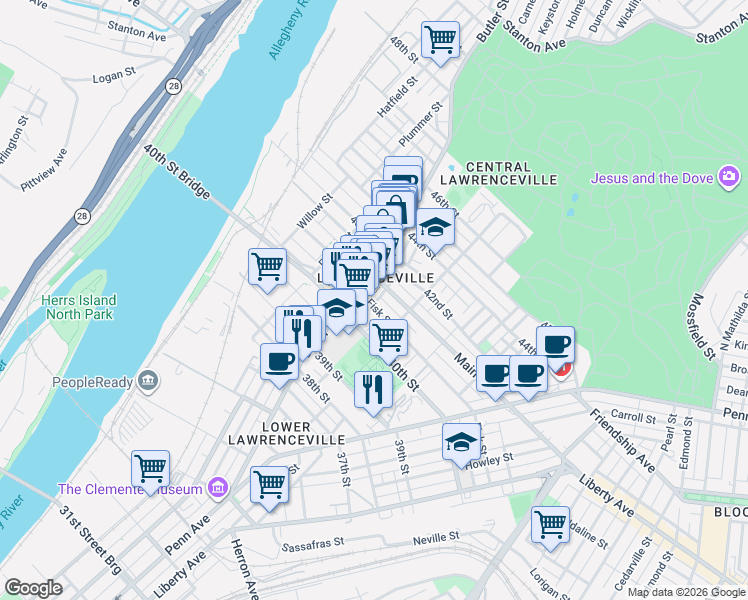 map of restaurants, bars, coffee shops, grocery stores, and more near 231 Fisk Street in Pittsburgh