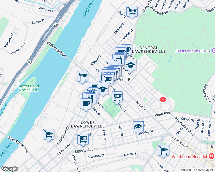 map of restaurants, bars, coffee shops, grocery stores, and more near in Pittsburgh