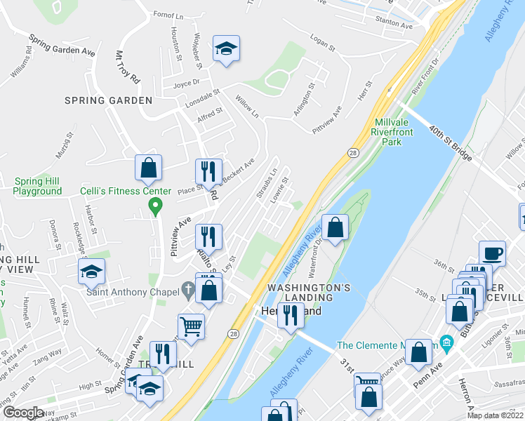 map of restaurants, bars, coffee shops, grocery stores, and more near 2100 Lautner Street in Pittsburgh