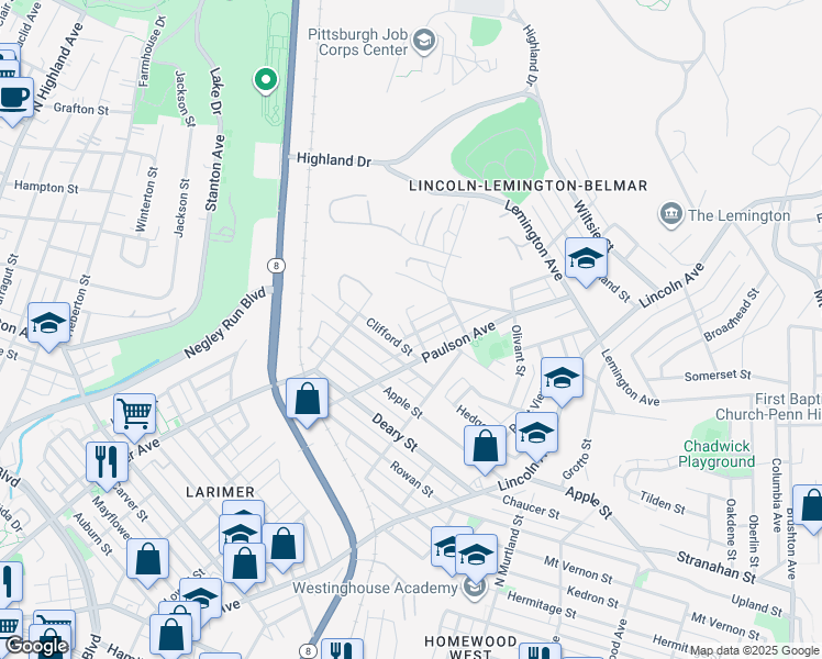 map of restaurants, bars, coffee shops, grocery stores, and more near 6511 Clifford Street in Pittsburgh