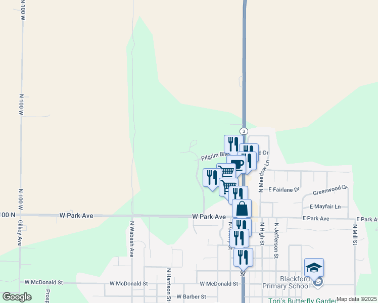 map of restaurants, bars, coffee shops, grocery stores, and more near Independence Parkway in Hartford City