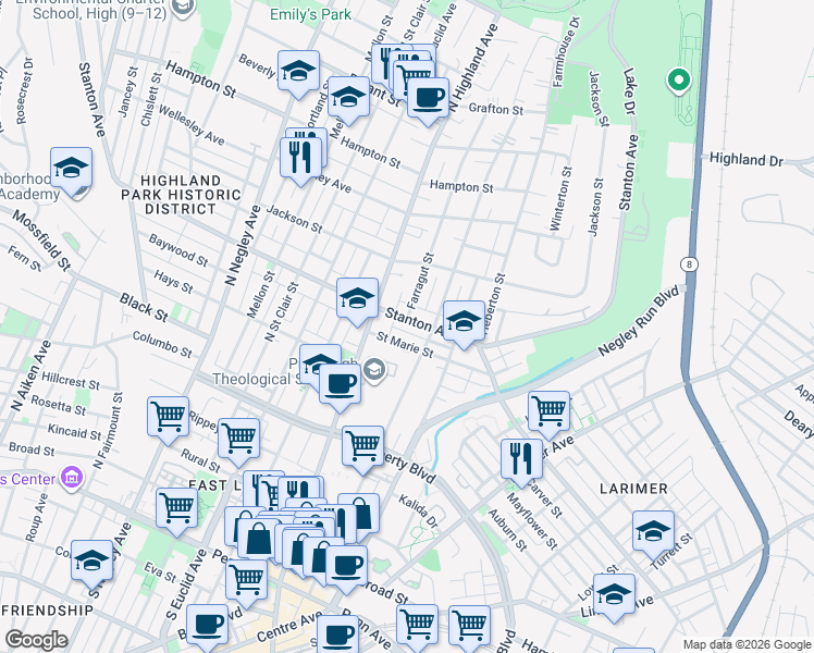 map of restaurants, bars, coffee shops, grocery stores, and more near 6030 Saint Marie Street in Pittsburgh