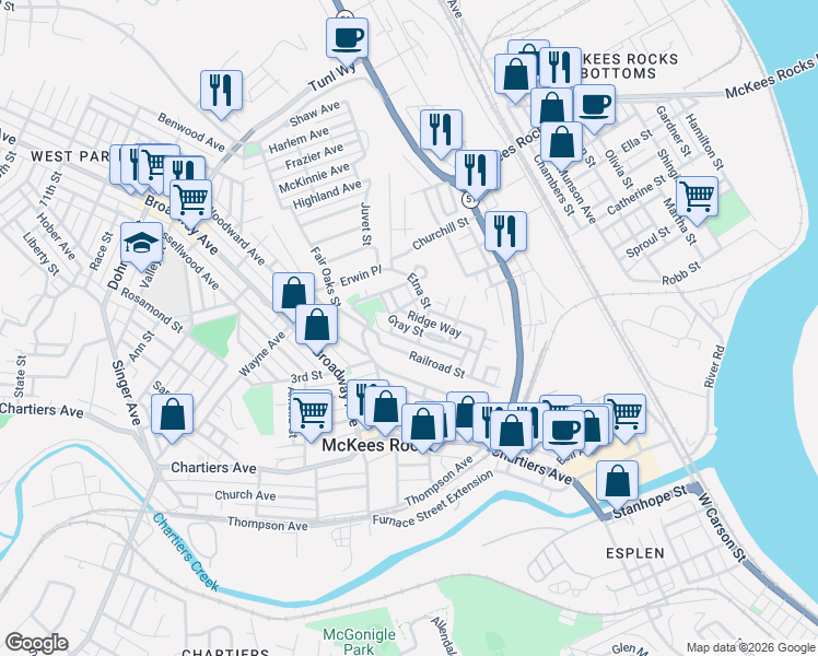 map of restaurants, bars, coffee shops, grocery stores, and more near 838 Railroad Street in McKees Rocks