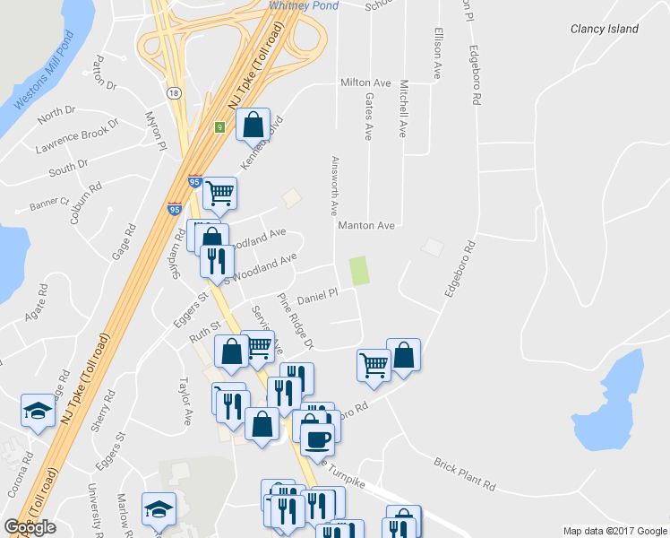 map of restaurants, bars, coffee shops, grocery stores, and more near 138 Ainsworth Avenue in East Brunswick