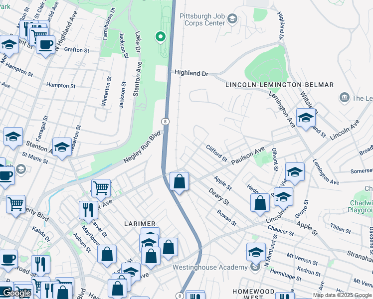 map of restaurants, bars, coffee shops, grocery stores, and more near in Pittsburgh
