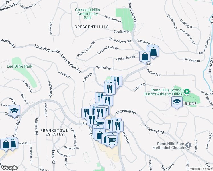 map of restaurants, bars, coffee shops, grocery stores, and more near 1720 Lime Hollow Road in Penn Hills