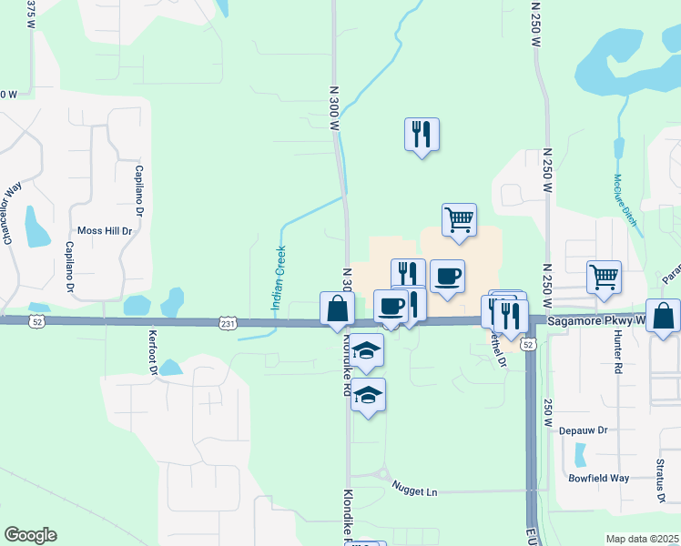 map of restaurants, bars, coffee shops, grocery stores, and more near 3732 Klondike Road in West Lafayette