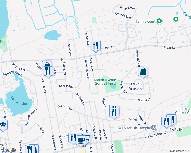 map of restaurants, bars, coffee shops, grocery stores, and more near 140 Standiford Avenue in Sayreville