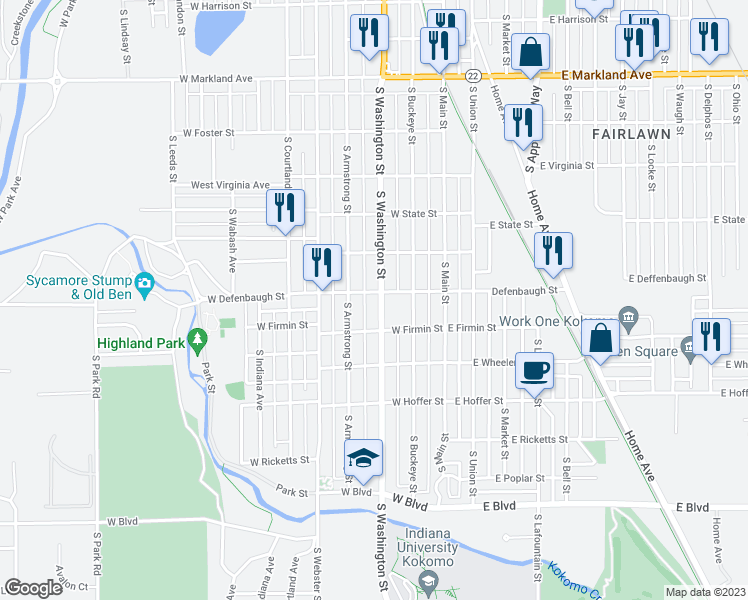 map of restaurants, bars, coffee shops, grocery stores, and more near 1505 South Washington Street in Kokomo