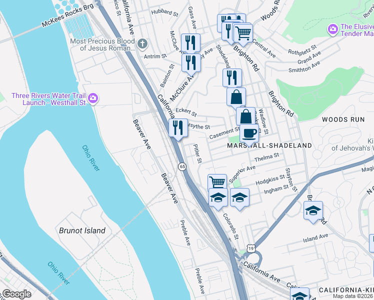 map of restaurants, bars, coffee shops, grocery stores, and more near 2720 California Avenue in Pittsburgh