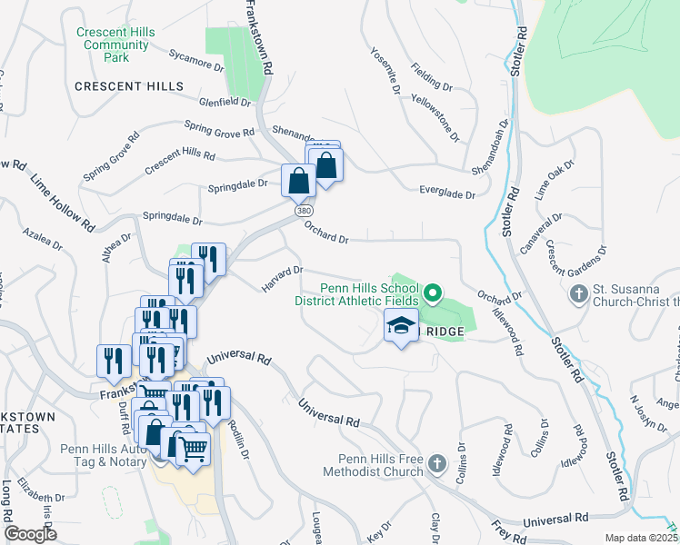 map of restaurants, bars, coffee shops, grocery stores, and more near 12137 Harvard Drive in Pittsburgh