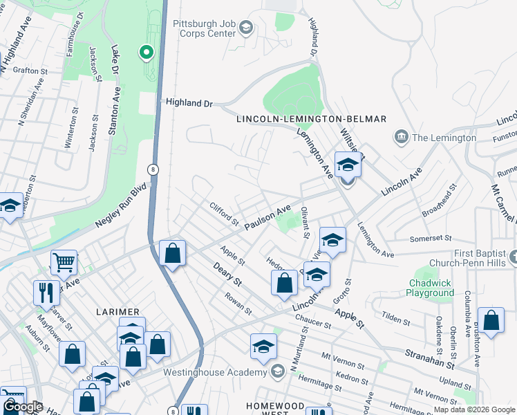 map of restaurants, bars, coffee shops, grocery stores, and more near in Pittsburgh