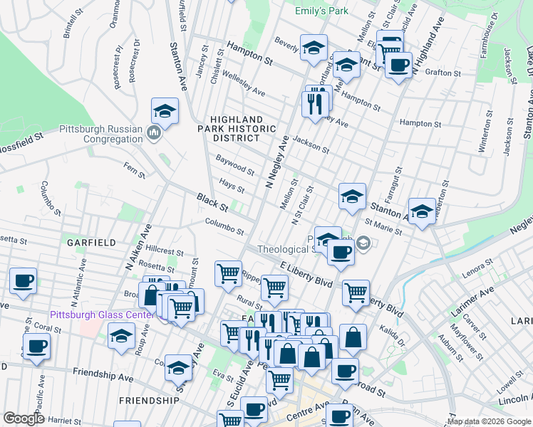 map of restaurants, bars, coffee shops, grocery stores, and more near 526 North Negley Avenue in Pittsburgh