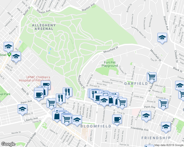 map of restaurants, bars, coffee shops, grocery stores, and more near 505 North Mathilda Street in Pittsburgh
