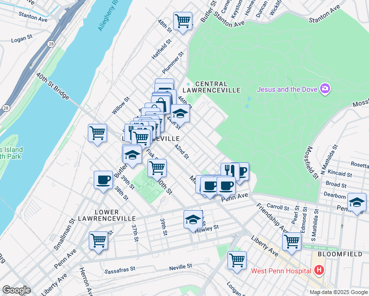 map of restaurants, bars, coffee shops, grocery stores, and more near 343 42nd Street in Pittsburgh