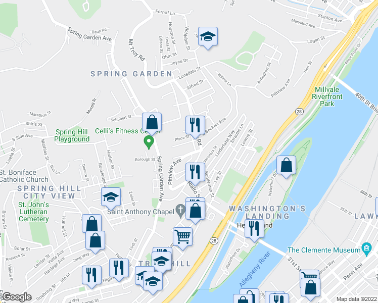 map of restaurants, bars, coffee shops, grocery stores, and more near 2 Luty Avenue in Pittsburgh