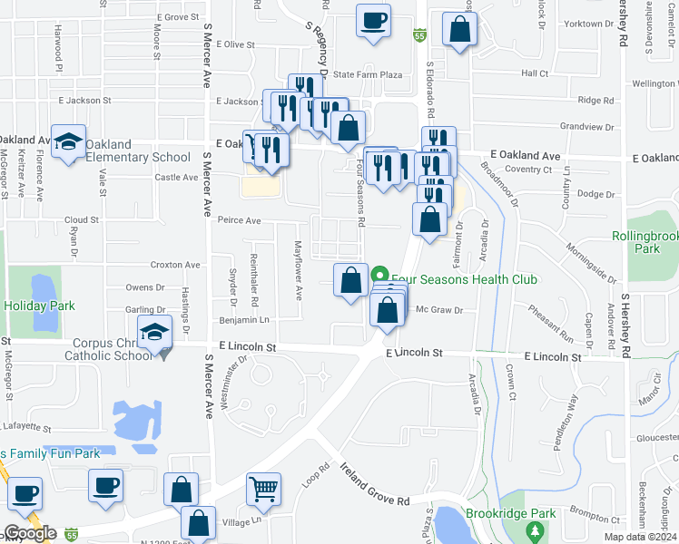 map of restaurants, bars, coffee shops, grocery stores, and more near 1 Willedrob Road in Bloomington