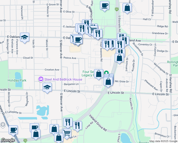 map of restaurants, bars, coffee shops, grocery stores, and more near 5 Willedrob Road in Bloomington