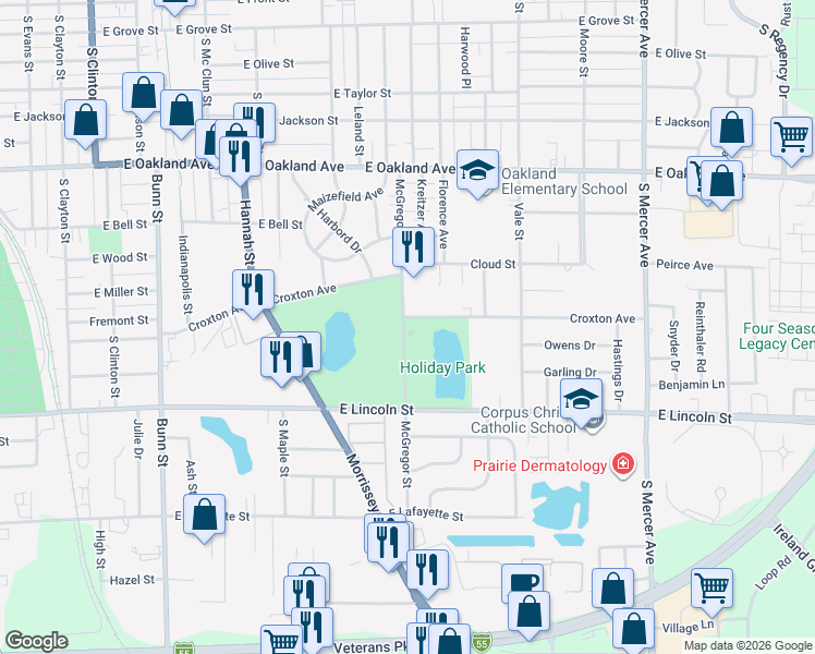 map of restaurants, bars, coffee shops, grocery stores, and more near 800 McGregor Street in Bloomington