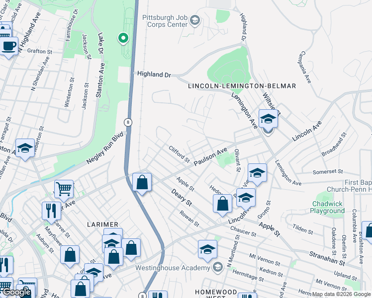 map of restaurants, bars, coffee shops, grocery stores, and more near 6511 Clifford Street in Pittsburgh