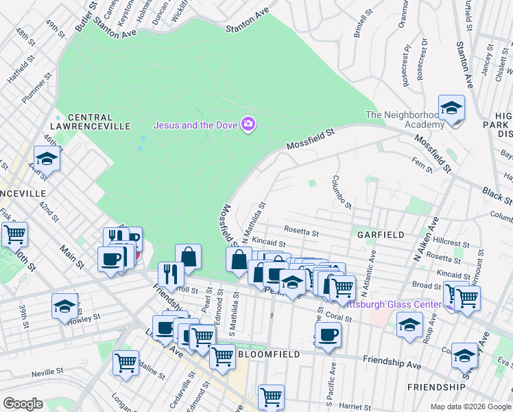 map of restaurants, bars, coffee shops, grocery stores, and more near 505 North Mathilda Street in Pittsburgh