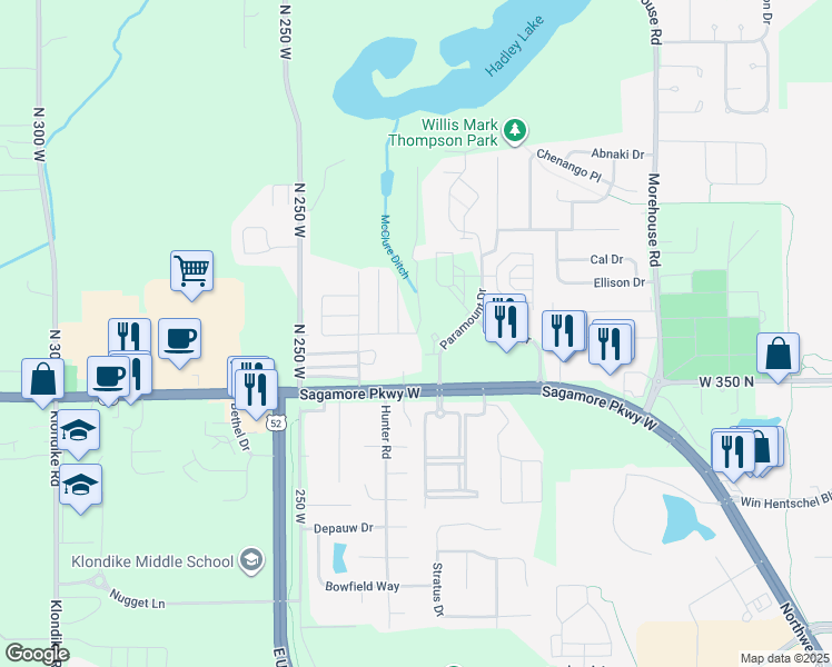 map of restaurants, bars, coffee shops, grocery stores, and more near 599 Christy Lane in West Lafayette