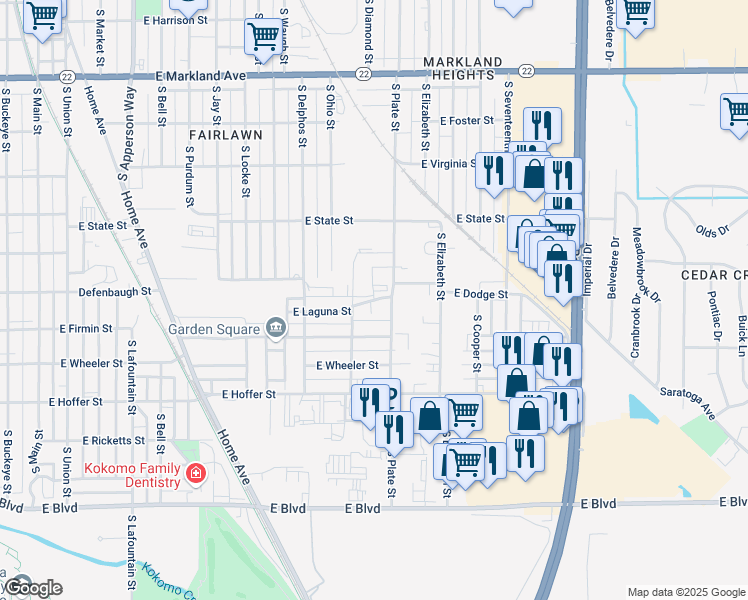 map of restaurants, bars, coffee shops, grocery stores, and more near 1220 East Laguna Street in Kokomo