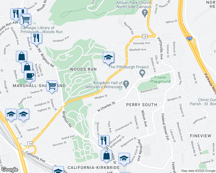 map of restaurants, bars, coffee shops, grocery stores, and more near 624 Danbury Street in Pittsburgh
