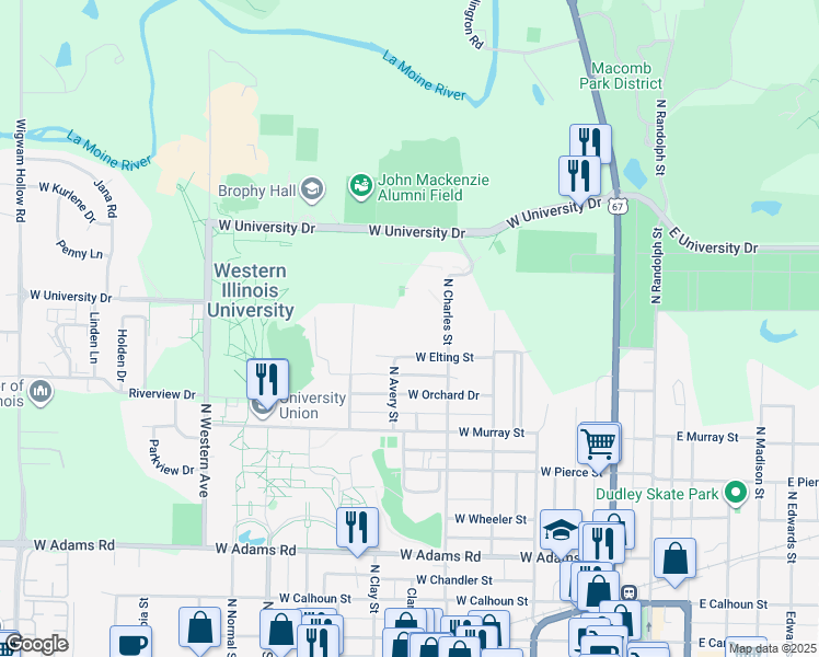 map of restaurants, bars, coffee shops, grocery stores, and more near 902 North Charles Street in Macomb