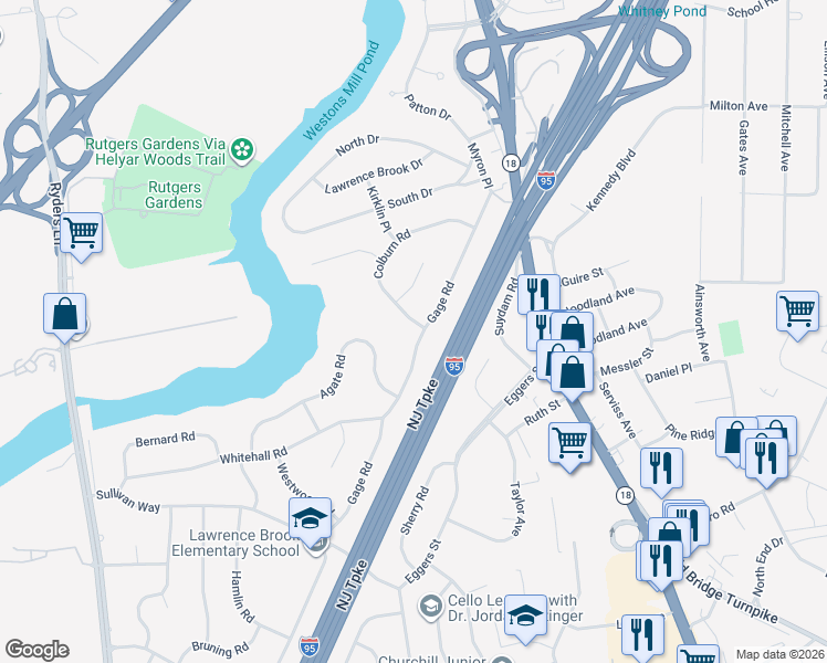 map of restaurants, bars, coffee shops, grocery stores, and more near 39 Colburn Road in East Brunswick