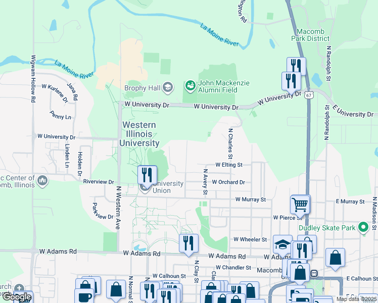map of restaurants, bars, coffee shops, grocery stores, and more near 915 Stadium Drive in Macomb