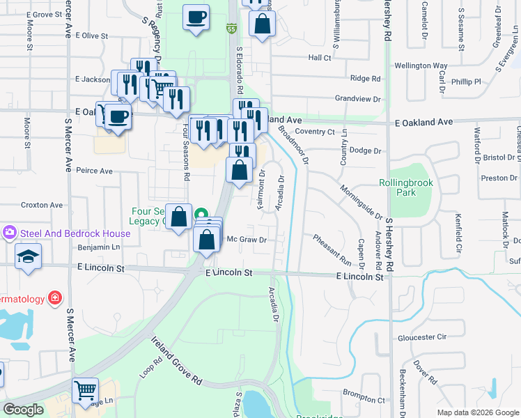 map of restaurants, bars, coffee shops, grocery stores, and more near 717 Fairmont Drive in Bloomington